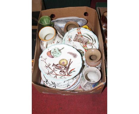 A box of ceramics to include a Linthorpe pottery vase (a/f)