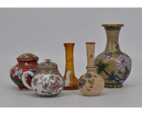 A Chinese cloisonne enamel vase, height 16cm, together with various further glassware, metal ware and ceramics