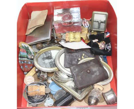 A collection of miscellaneous items to include an easel photo frame, loose coinage, boxwood rule etc