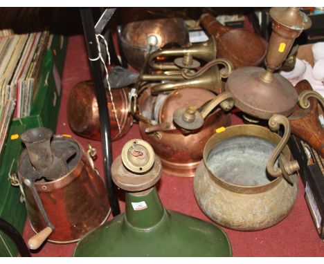 A collection of vintage metal ware to include a Victorian copper range kettle and an industrial green enamel pendant light
