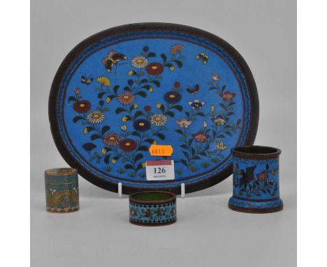 A Chinese cloisonne enamel dish, decorated with flowers, width 22cm, together with three further cloisonne enamel itemsThe na