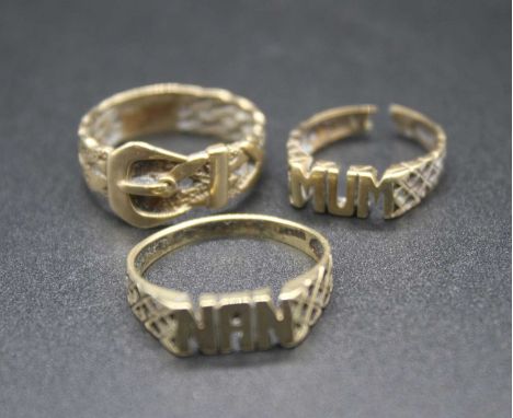 A 9ct gold belt ring, size Q; together with two modern 9ct gold identity rings, one being cut, gross weight 7.7g (3)