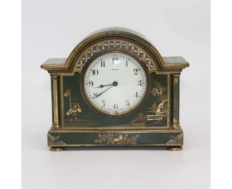 A 20th century green lacquered chinoiserie mantel clock, having an enamelled dial signed Asprey and a Swiss made movement, h.