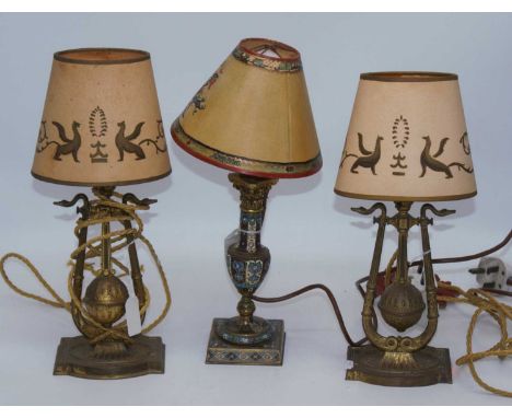 A pair of Regency style brass table lamps, height 35cm, together with a cloisonne enamelled brass table lamp, height 36cm