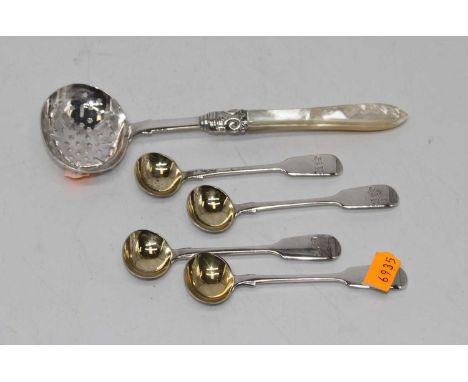 A set of 4 Victorian silver salt spoons, each having gilt washed bowl and monogrammed terminal, together with a Victorian sil