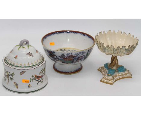 A Royal Worcester table centrepiece, the bowl on three dolphin supports and a triform base, dia. 15.5cm, together with a Vict