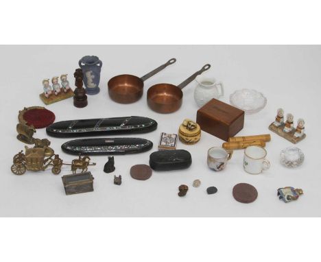A collection of miscellaneous items to include a Victorian black lacquered and abalone shell inlaid spectacles case, black la