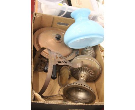 A box of miscellaneous items to include a brass oil lamp and a copper warmer on stand