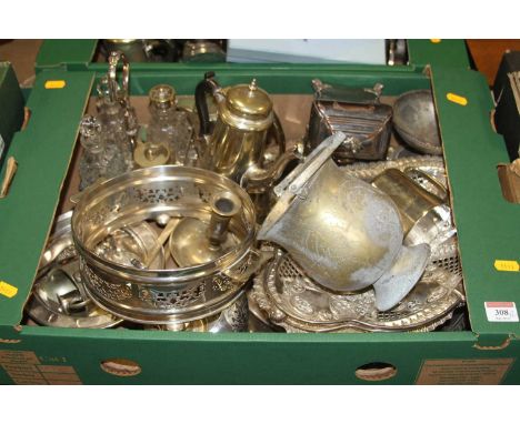 Two boxes of mixed silver plated wares to include tea caddy, hot water pot, pierced table basket etc