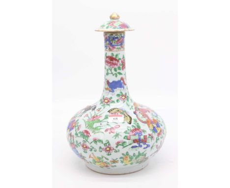 A 19th century Chinese Canton porcelain bottle vase and cover, enamel decorated with dragons and butterflies amongst flowers,