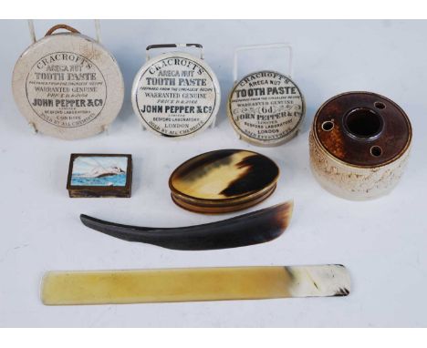 A small collection of miscellaneous items to include three Victorian ceramic pot lids, each printed Cracroft's Areca Nut Toot