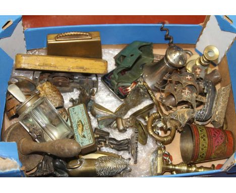 A collection of miscellaneous items to include a cold painted model of an owl, other figures and a pewter tea caddy