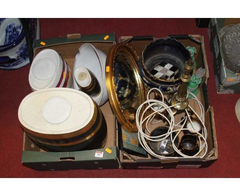 Two boxes of mixed effects to include copper lustre wares, a brass table lamp, a gilt mirror etc