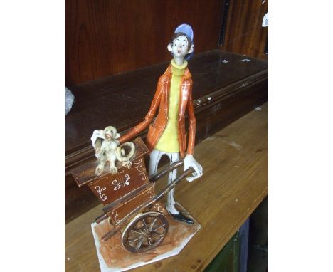 Large Ceramic Organ Grinder and monkey ( monkey missing arm , damage to base) made in Italy 13 inches tall &amp; 2 Ceramic Or