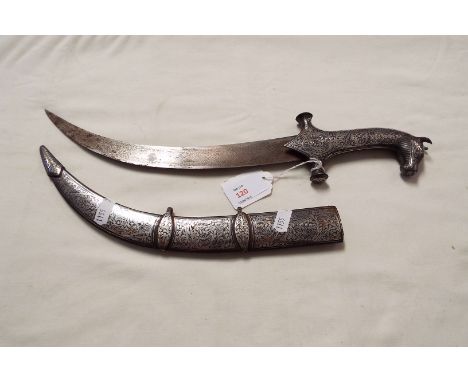 An Anglo Indo-Persian khanjar knife having silvered decorated horse head handle and scabbard, signed motif to blade