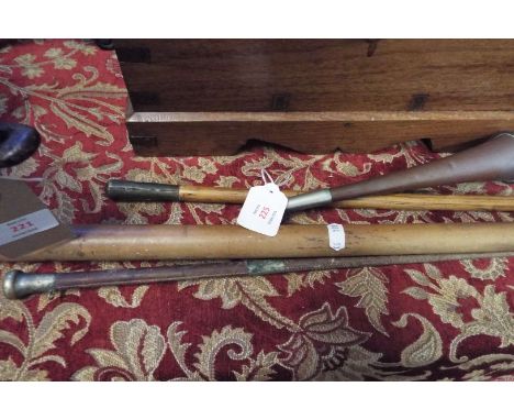 A London silver knopped walking cane, riding crop, swagger stick and hunting horn