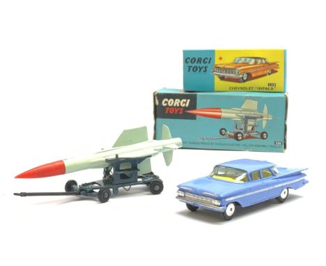 Corgi - 'Thunderbird' Guided Missile by English Electric Co., on Assembly Trolley, No.350, and Chevrolet 'Impala' with spring