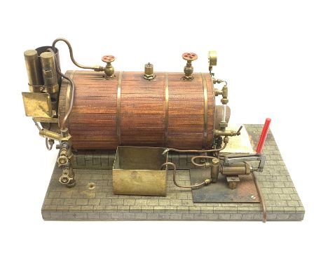 Scale built live steam model of a steam engine, planked clad and coopered copper boiler with brass pipework, manometer and wa