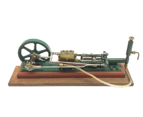 Scale built brass and steel model of a steam powered horizontal beam engine on mahogany base L41cm H15cm - Condition Report 