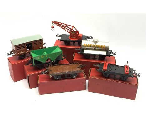 Hornby '0' gauge - six goods wagons comprising Hopper Wagon, Flat truck, No.1 Petrol Tank Wagon 'National Benzole', No.1 Lumb