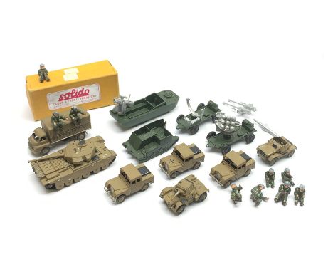 Dinky - seven military vehicles all overpainted in German brown and black including Centurion Tank No.651, three Land Rovers 