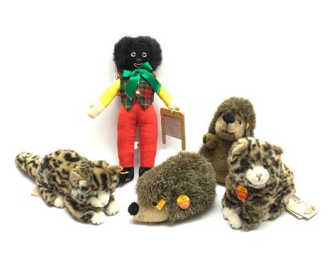 Four modern Steiff soft toys - two Sissi cats and two Joggi hedgehogs, all with button and labels; and Merrythought limited e