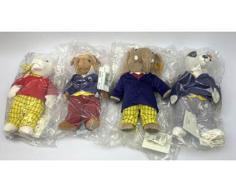 Steiff figures of Rupert Bear H30cm and his three friends Edward Trunk, Bill Badger and Algernon Pug, all in original bags wi