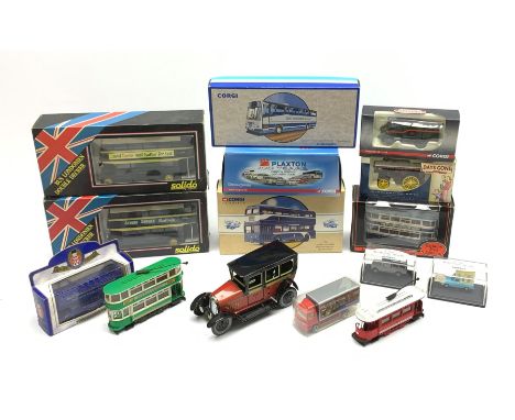 Various makers - seven die-cast models of buses by Corgi, Solido, EFE etc, all boxed; two unboxed models of trams; modern tin