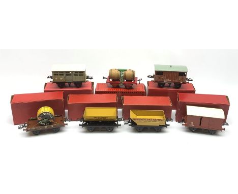 Hornby '0' gauge - six goods wagons comprising No.1 Side Tipping Wagn, Goods Brake Van, Flat Truck with Cable Drum, No.1 Rota