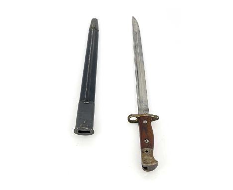 A First World War British 1907 pattern SMLE bayonet by Wilkinson, two piece wooden grip, housed in leather and steel mounted 