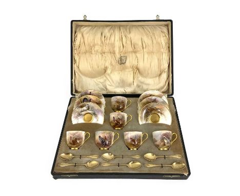 James Stinton for Royal Worcester, a Game Bird painted coffee set, decorated with British birds in natural habitats, includin