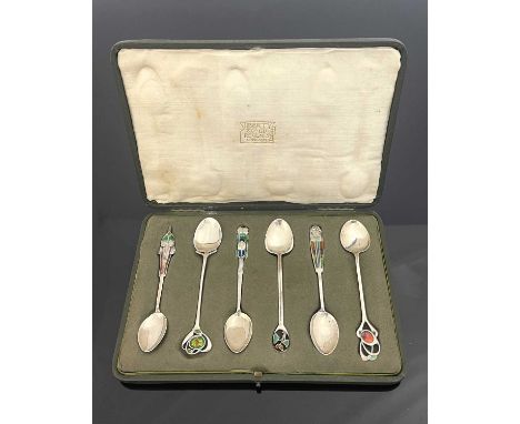 Archibald Knox for Liberty and Co., a harlequin set of six Cymric Arts and Crafts silver and enamelled teaspoons, Birmingham 