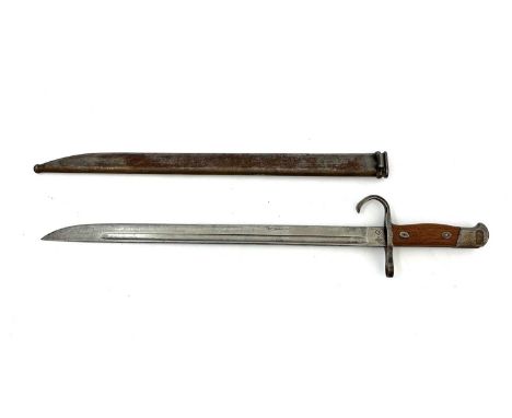 A Japanese Type 30 sword bayonet, two piece wooden grip, housed in steel scabbard, Nagoya Army Arsenal mark and Toyoda Automa