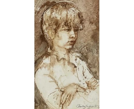 Shirley Hughes (British, 1927), portrait of a boy, reputed to be the artist's son, bust-length seated with crossed arms, sign