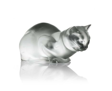 Lalique, a Chat Couche glass sculpture, model 1207, designed circa 1932, frosted, incised mark Lalique France, 25.5cm long