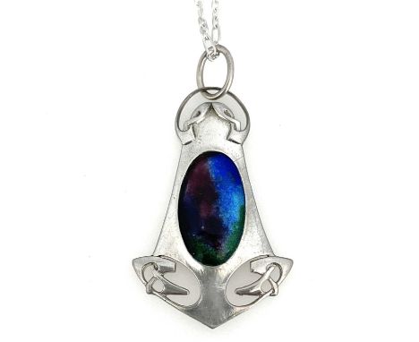 Murrle Bennett and Co., an Arts and Crafts silver and enamelled pendant, spear head form with open Celtic knot corners, centr