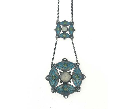 Liberty and Co., an Arts and Crafts silver, pearl and enamelled necklace, circa 1910, the main circular pendant formed of fou
