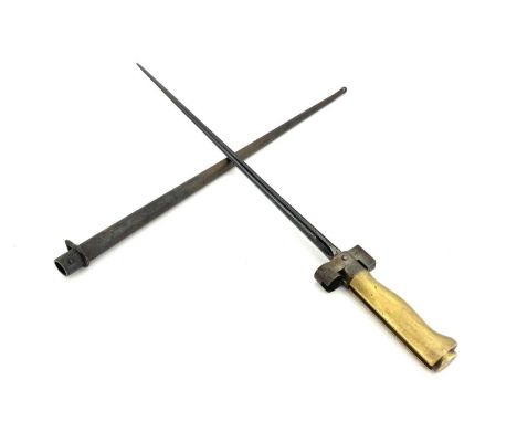 A French M1886 Lebel modified sword bayonet, cruciform blade, brass grip, quillon removed, housed in steel scabbard, frog stu