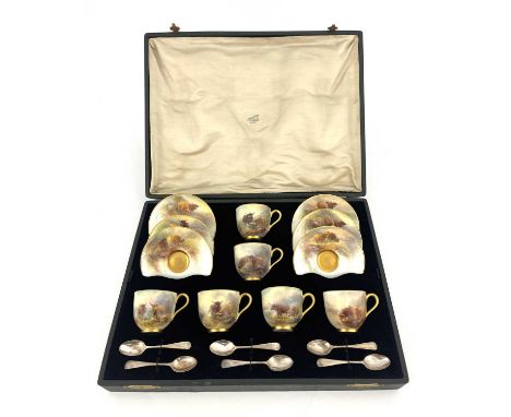 Harry Stinton for Royal Worcester, a Highland Cattle painted coffee set, decorated with cows in misty landscapes, signed, in 