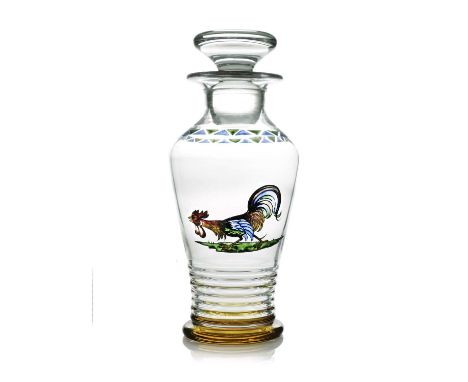 Stuart and Sons, an Art Deco enamelled glass cocktail shaker, circa 1930, shouldered form with amber foot, painted with a cen