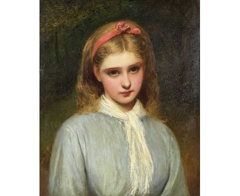 Charles Sillem Lidderdale (British, 1831-1895), portrait of a young lady, bust-length wearing a red bow in her hair, blue dre