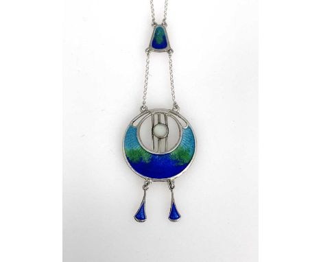 Charles Horner, an Arts and Crafts silver and enamelled pendant, Chester 1918, circular Egyptian revival scarab wing form wit