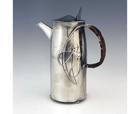 Archibald Knox for Liberty and Co., a Tudric Arts and Crafts pewter coffee pot, model 0231, tapered cylindrical form, cast wi