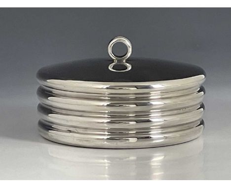 An Art Deco silver plated box and cover, Sheffield circa 1935, squat cylindrical drum form, concentric ribbed rings, the lid 