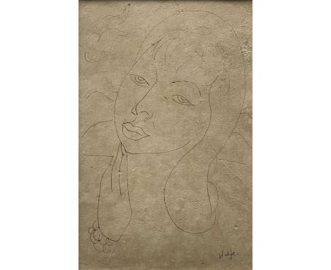 Edward Wolfe (South African, 1897-1982), 'Drawing a Young Girl', signed l.r., titled verso, ink on paper, 14 by 9cm, framed