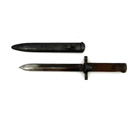 An Italian M1938 Mannlicher-Carcano knife bayonet, two piece wooden grip, housed in blackened steel scabbard, grip marked L99