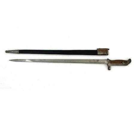 A Danish M1889 Krag–Jørgensen carbine bayonet, two piece wooden grip housed in black leather mounted scabbard, grip marked Hæ