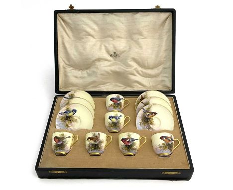 E Barker for Royal Worcester, a bird painted coffee set, decorated with English garden birds, including robin, wren, bullfinc