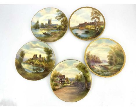 Rushton et al for Royal Worcester, five various scene painted and printed plates, including Durham Cathedral, Gloucester Cath
