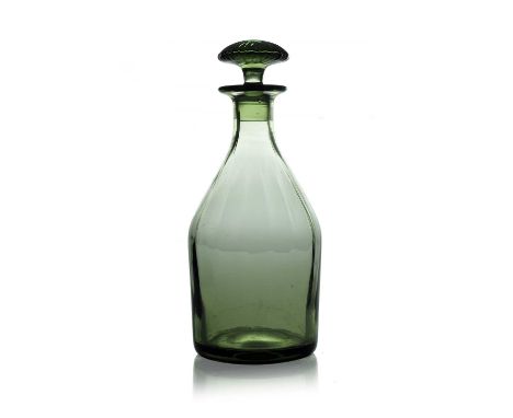 William Wilson for James Powell and Sons, Whitefriars, a Sea Green glas decanter, model 2481, optic ribbed shouldered form wi